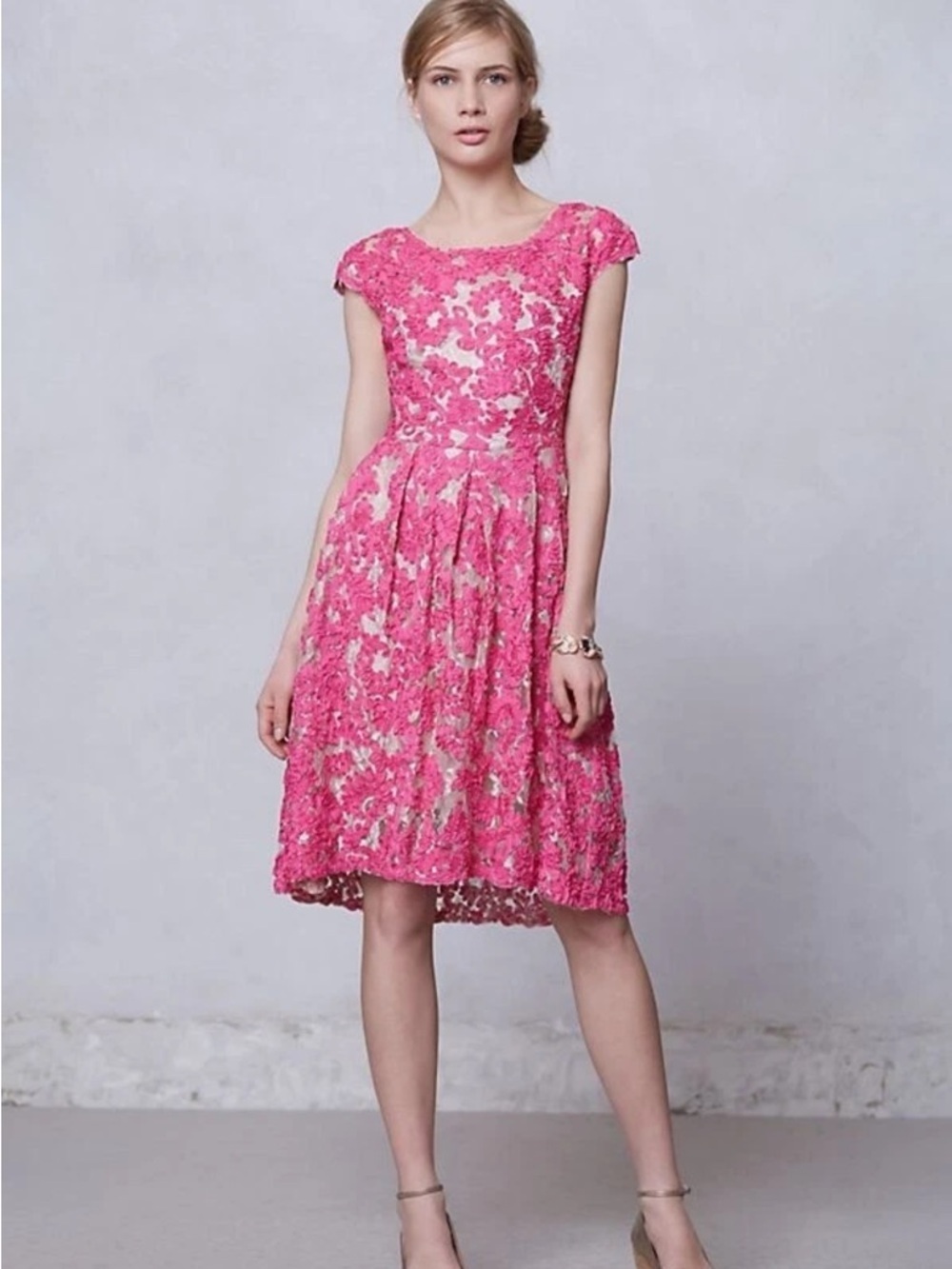 Anthropologie Yoana Baraschi Pink Floral Lace Fit & Flare Dress • Size 6 • READ